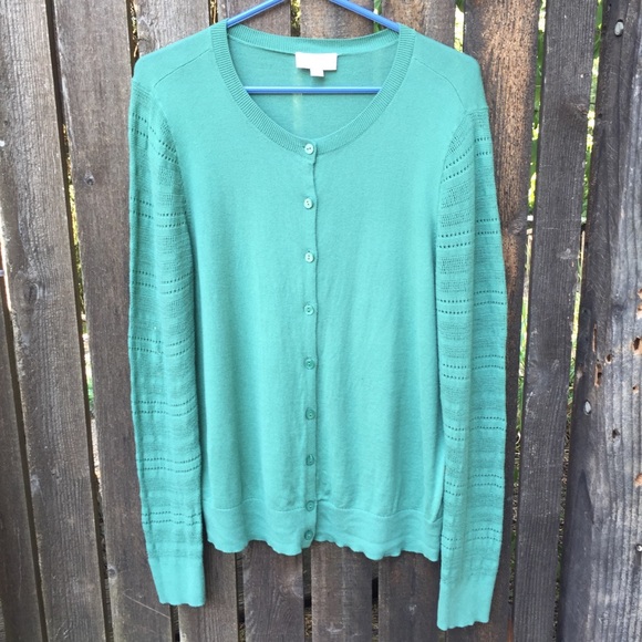 Loft Open Weave Sleeves Button Down Sweater Sz L - Picture 2 of 9